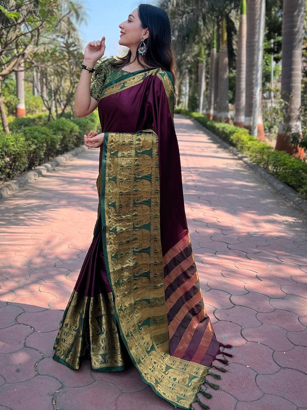 Traditional wine saree with gold weaving, garden background