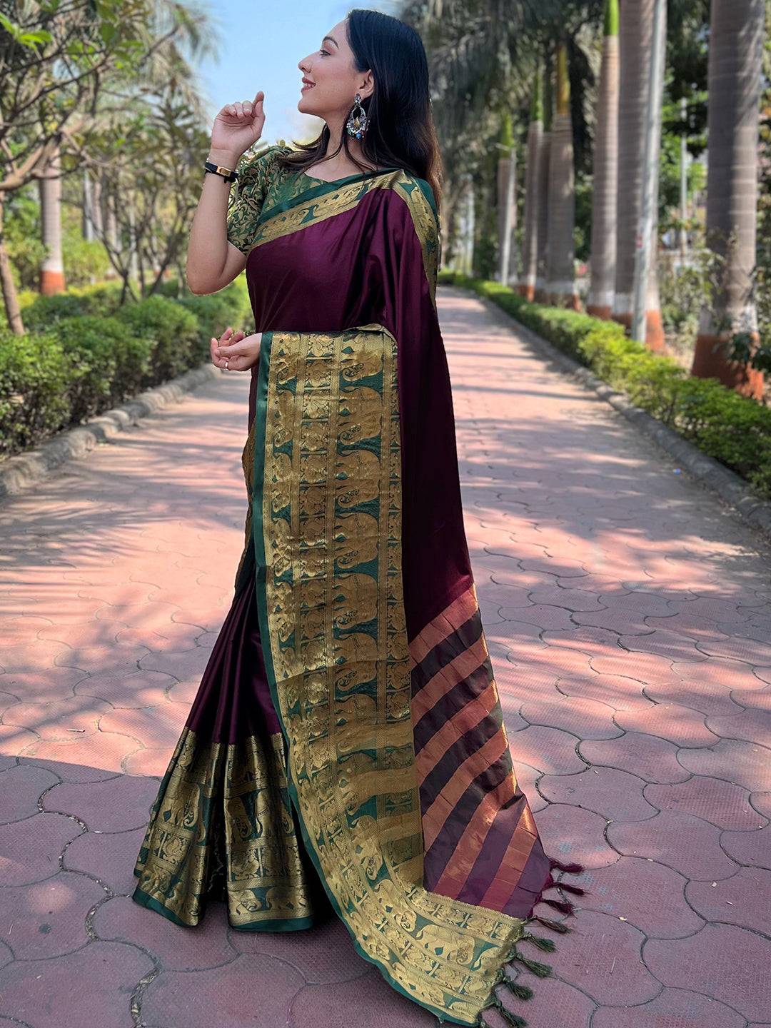 Traditional wine saree with gold weaving, garden background