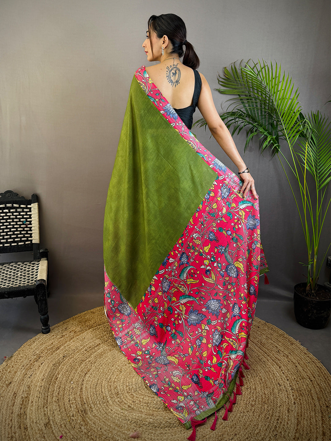 Olive Linen Kalamkari Print Saree