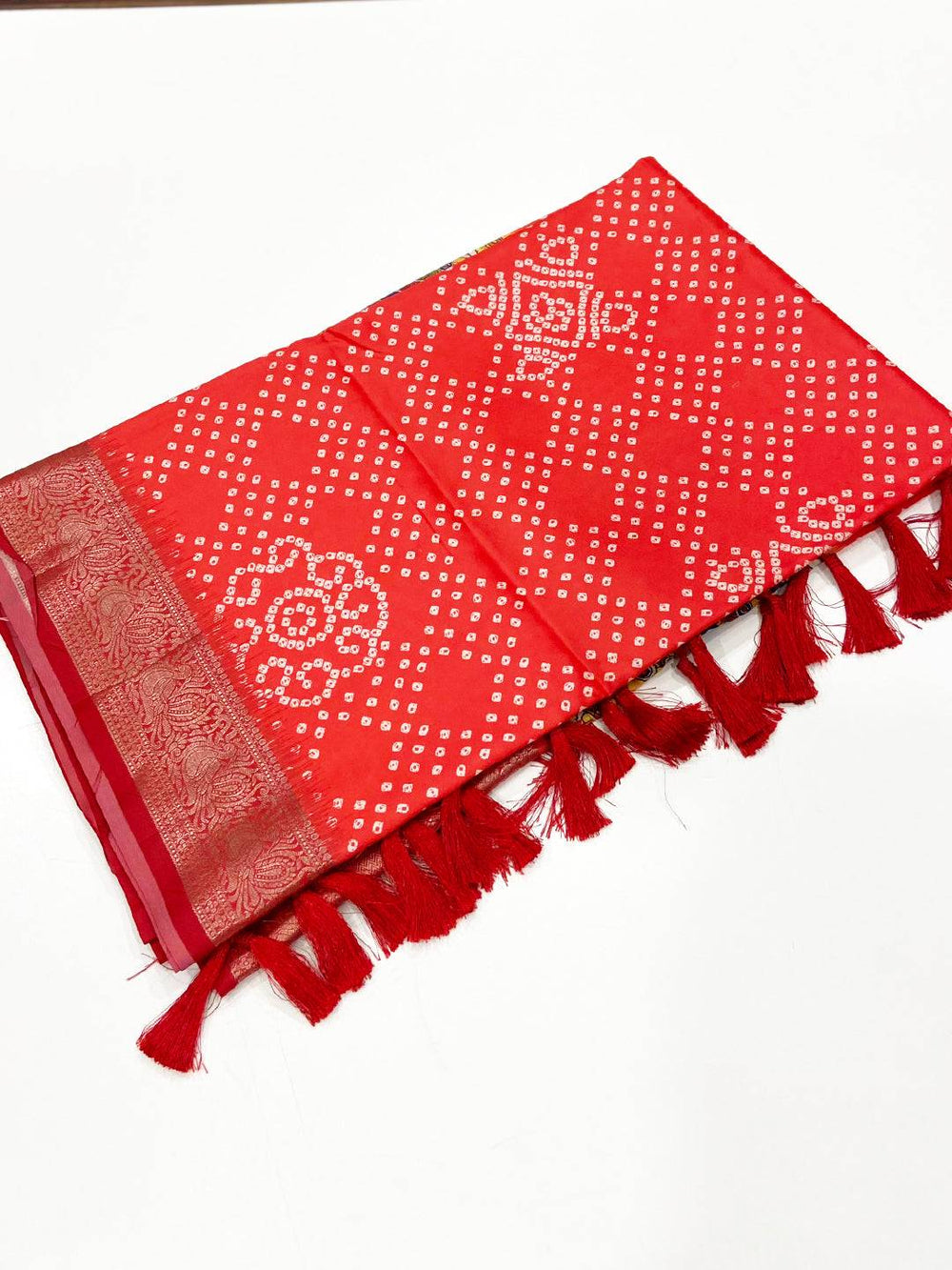 Rose Red Bandhej Printed Banarasi Saree