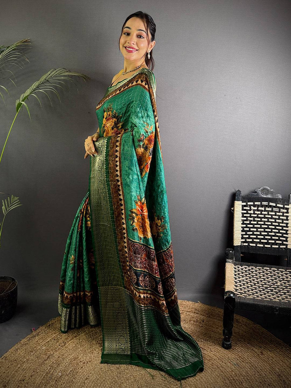 Emerald Green Floral Printed Viscose Saree