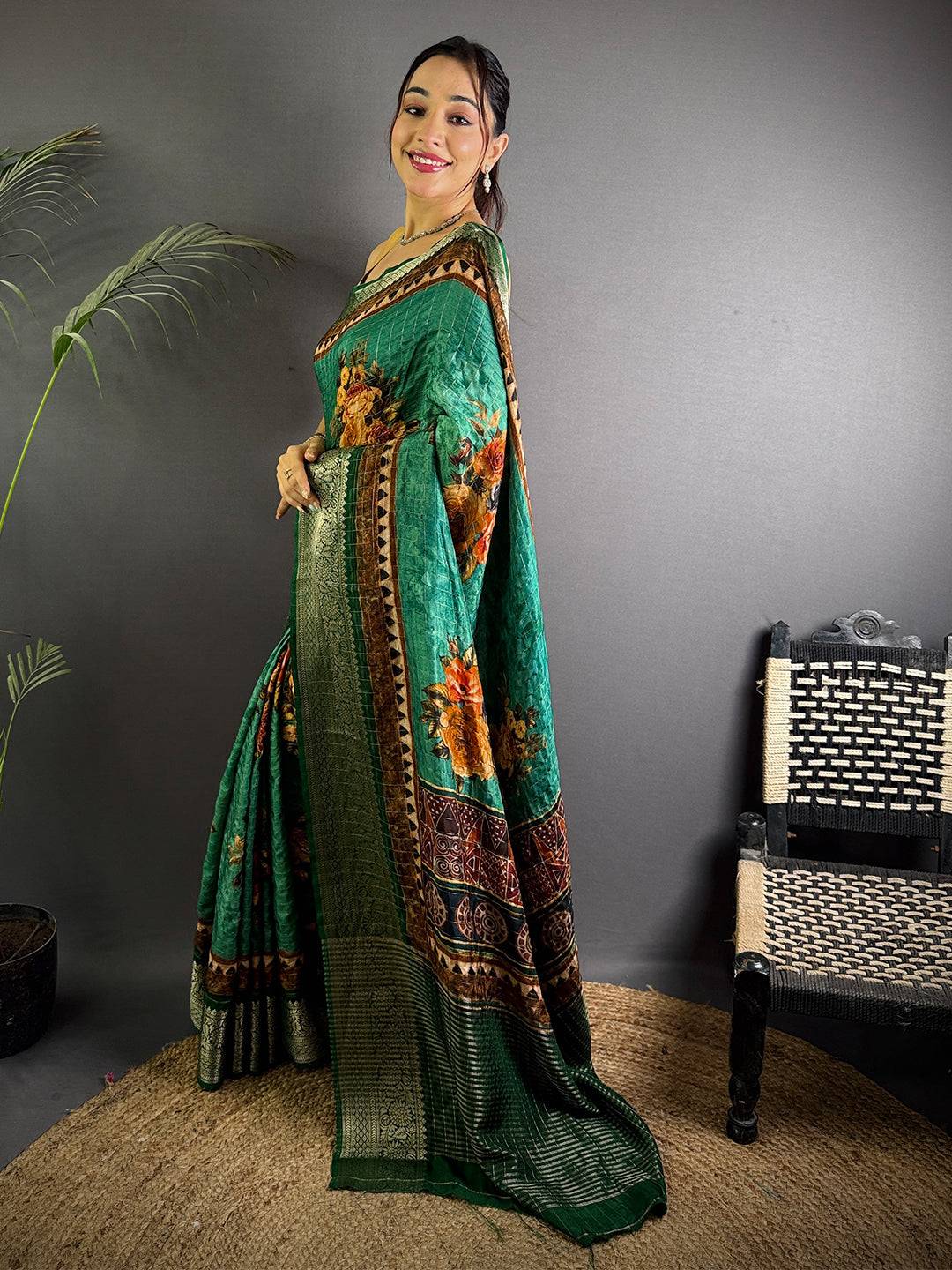 Emerald Green Floral Printed Viscose Saree