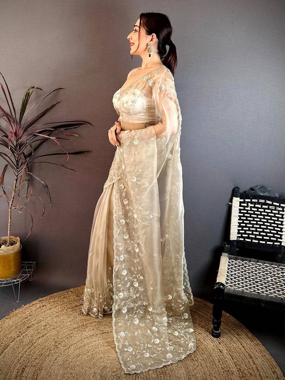 Off White Pearl Sequin Embroidered Organza Saree