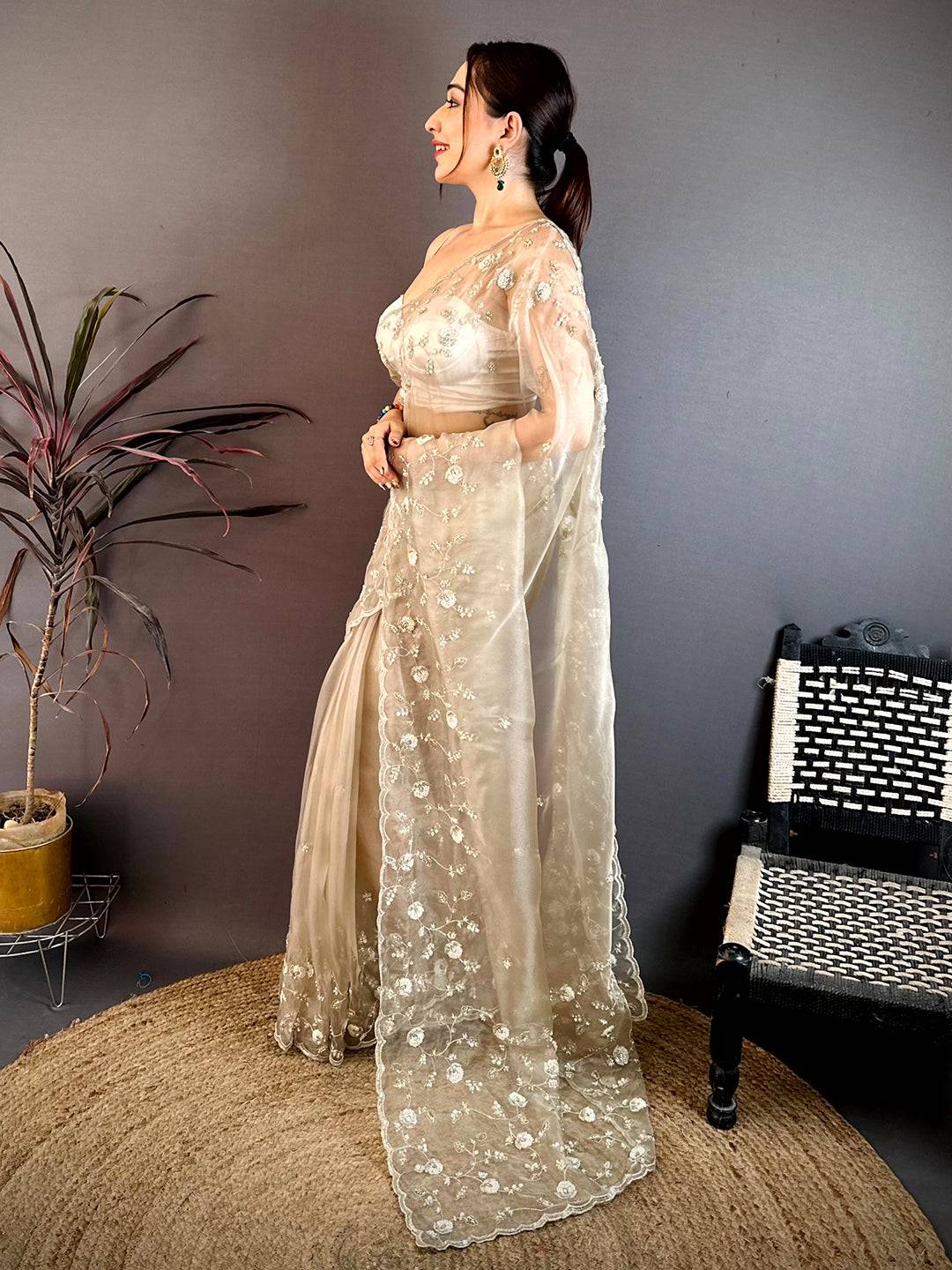 Off White Pearl Sequin Embroidered Organza Saree