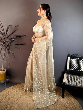 Off White Pearl Sequin Embroidered Organza Saree