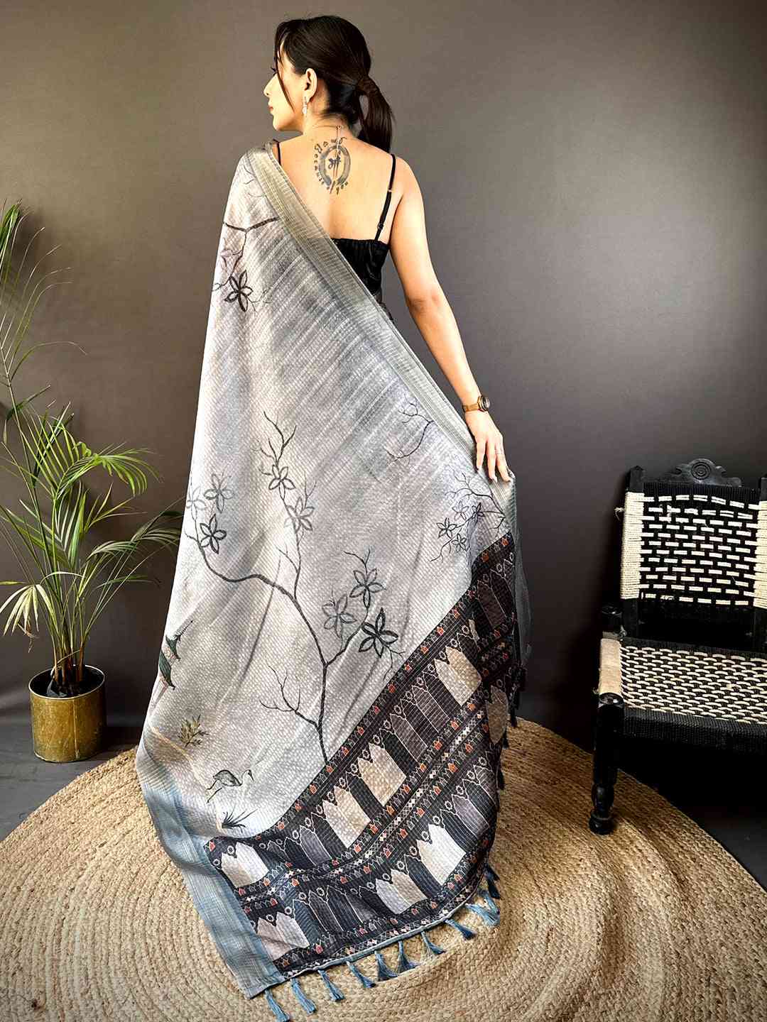 Slate Grey Tissue Chanderi Japanese Print Saree