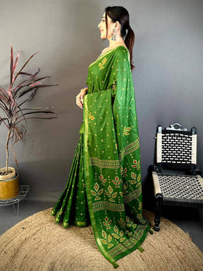 Green Tussar Ghicha Weave Print Saree
