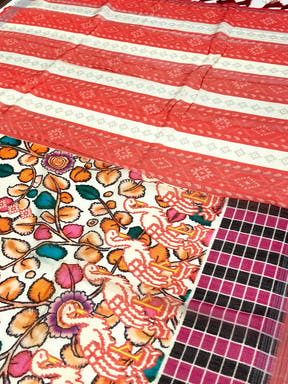 White Linen Floral Kalamkari Print Saree
