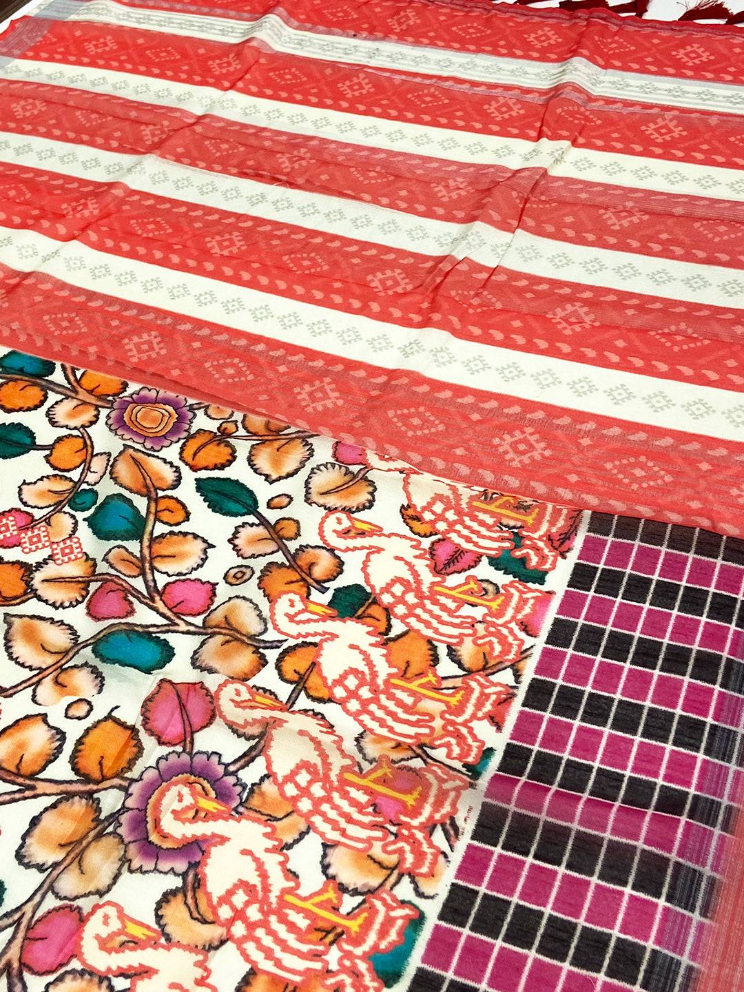White Linen Floral Kalamkari Print Saree