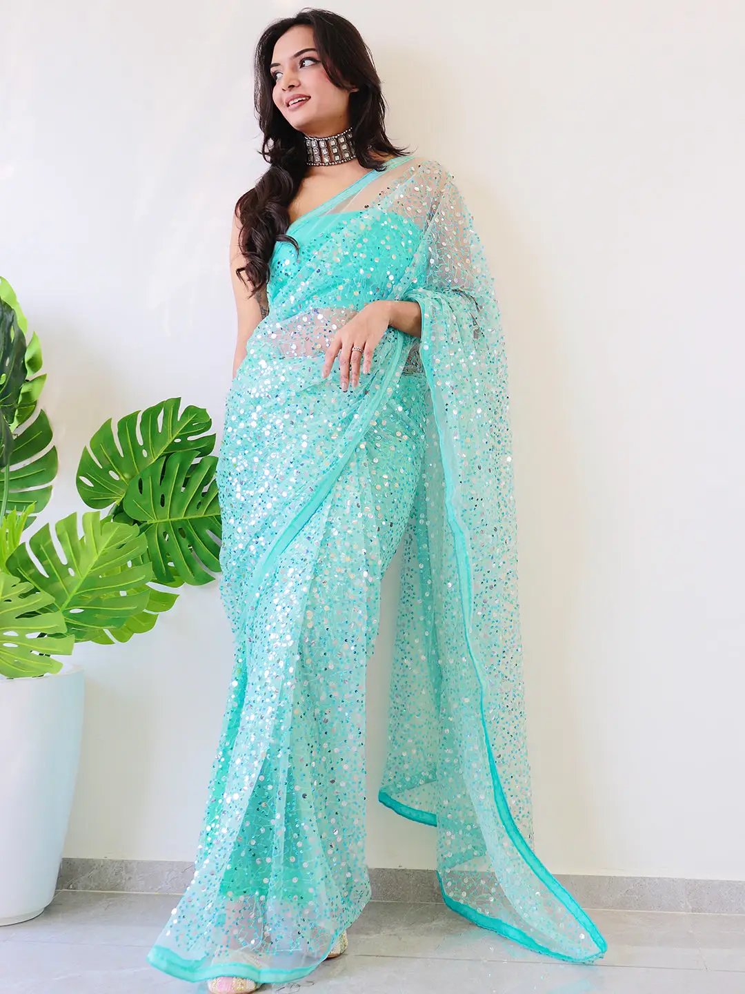 Beautiful Net Saree with Ethnic Motif & Sequins