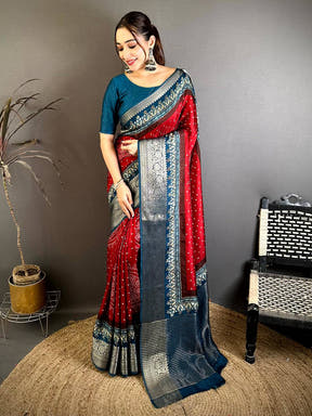 Red Viscose Dola Bandhej Print Saree