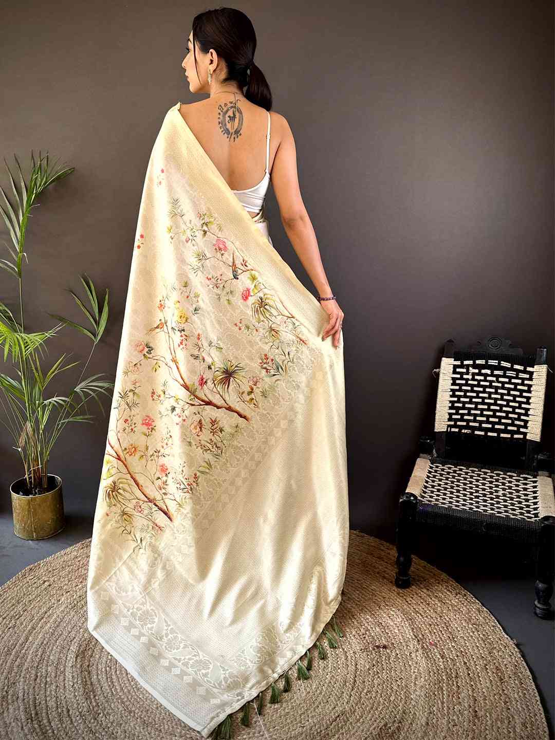White Kanjivaram Digital Silk Saree