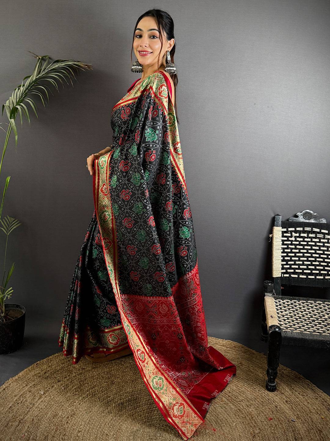 Elegant Black Pochampally Patola Silk Saree

