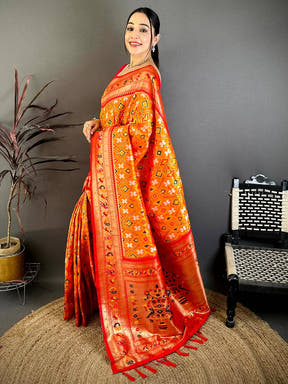 Orange Patola Silk Zari Weaving Saree