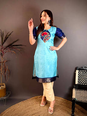 Elegant Crew Neck Dola Silk Kurti