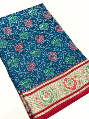 Elegant Denim Blue Pochampally Patola Silk Saree