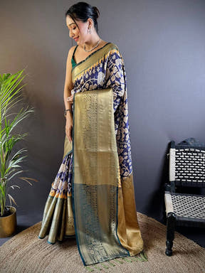 Intricate Ink Blue Banarasi Silk Saree