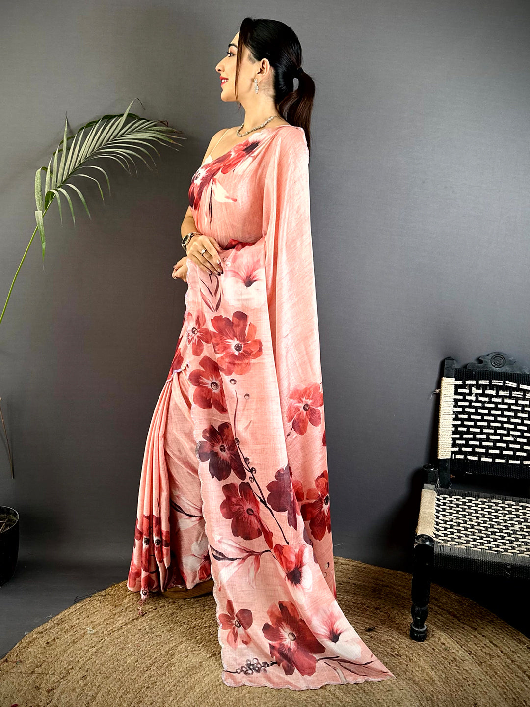 Pink Chinnon Swarovski Floral Saree