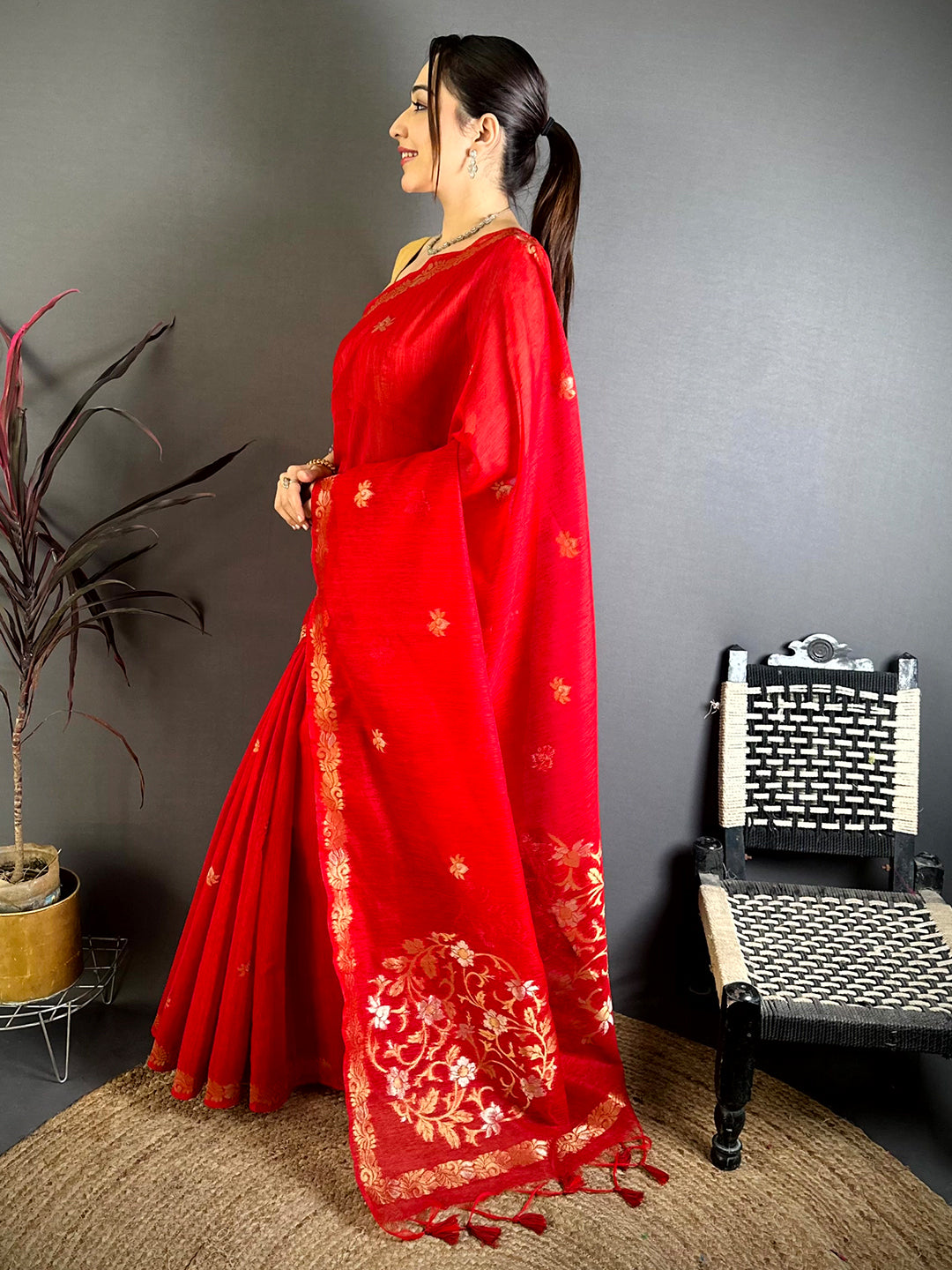 Red Sona Chandi Muga Cotton Saree