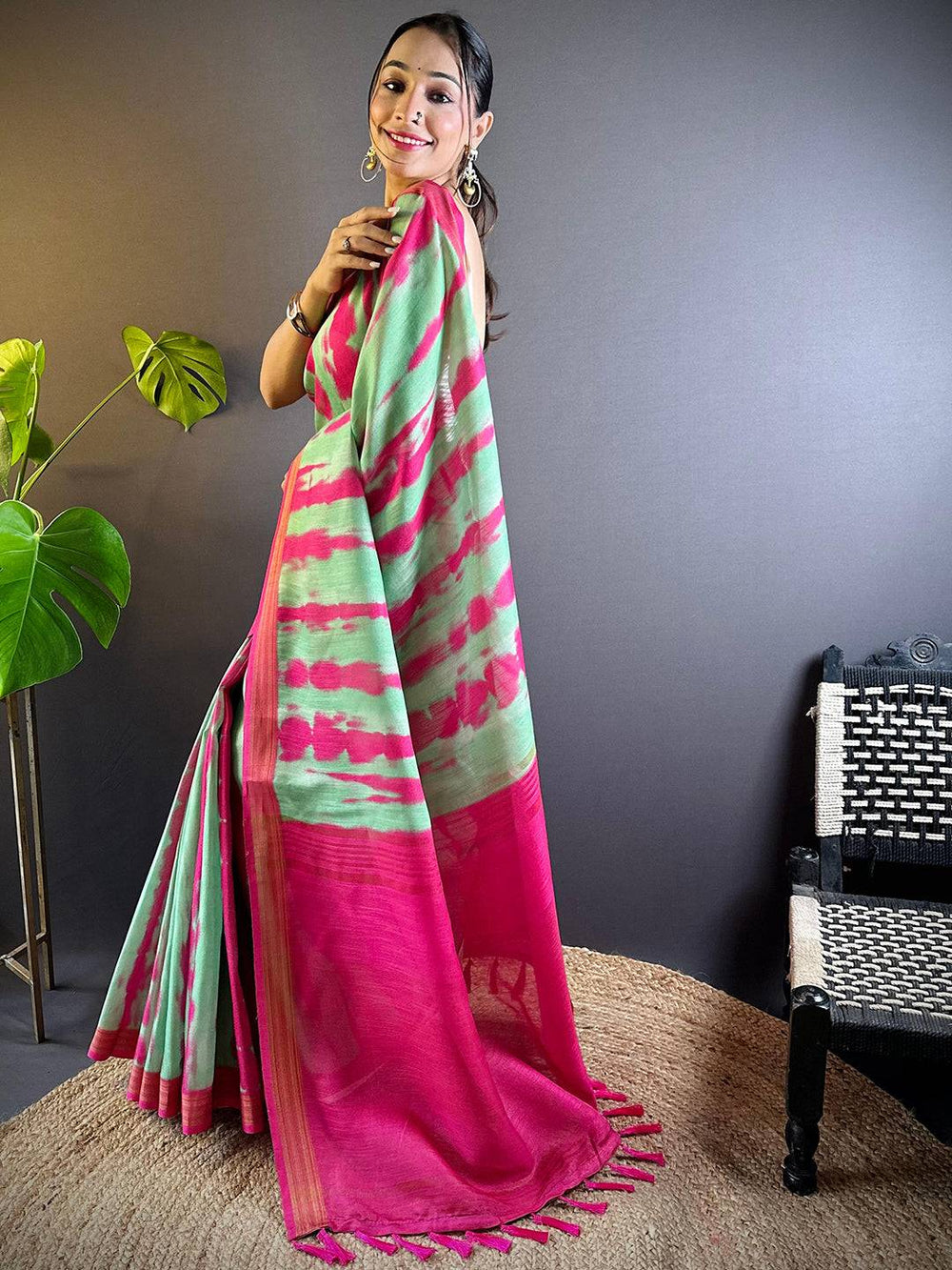 Pista Shibori Print Linen Saree
