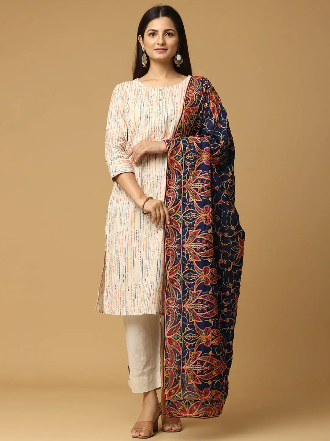 Front view of navy chiffon dupatta with detailed patterns.