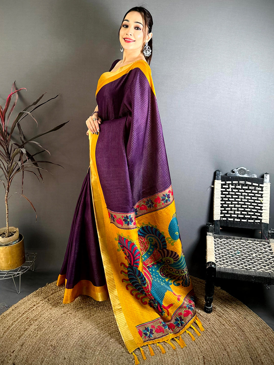 Purple Tussar Zari Chex Kalamkari Saree