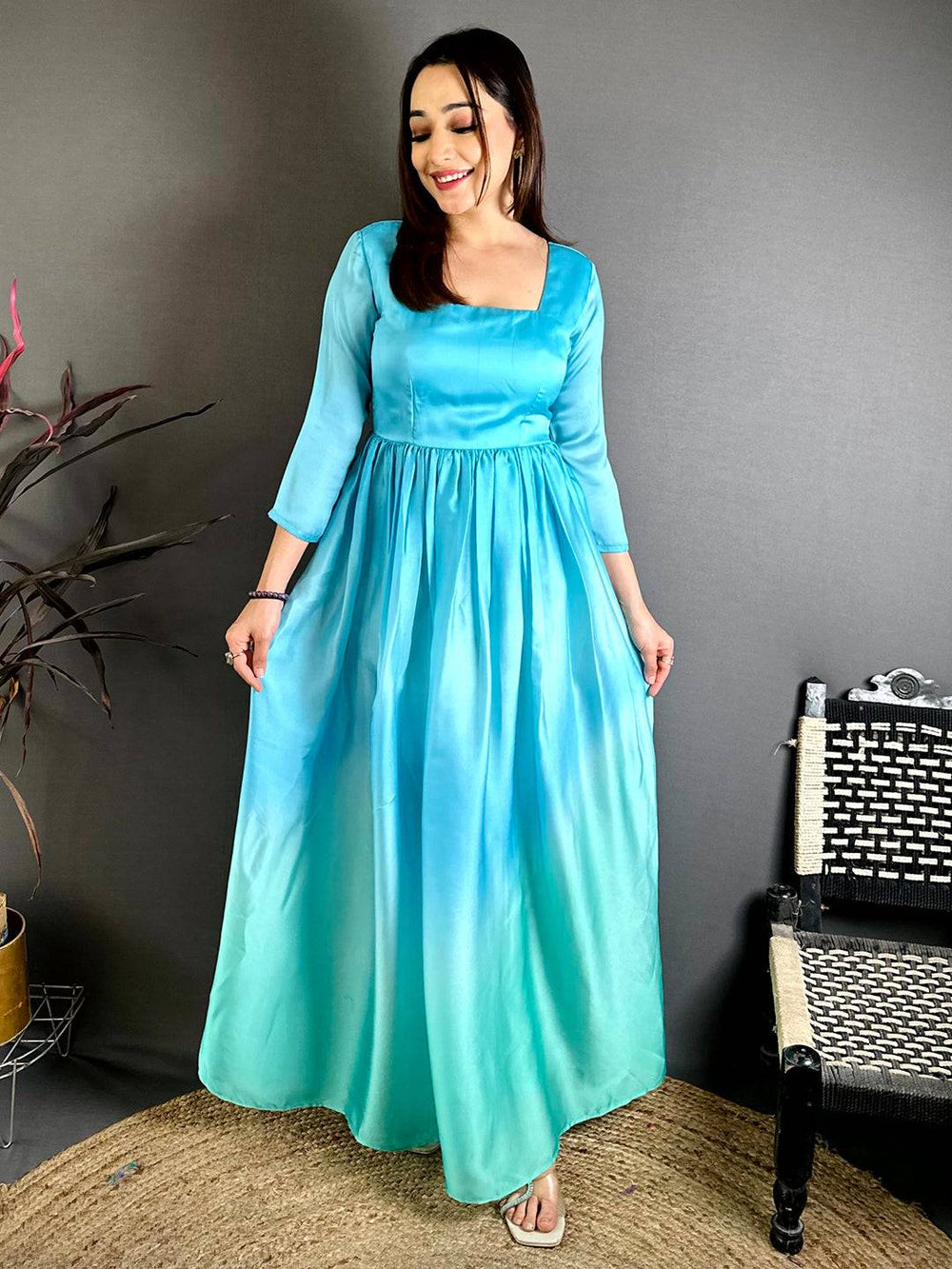 Royal Square Neck Satin Dress