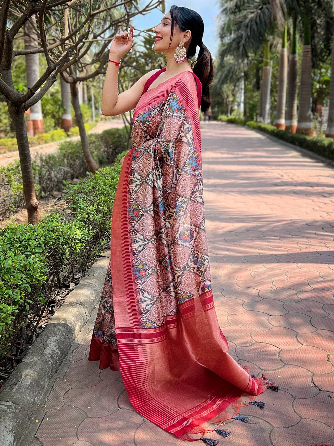 Stylish Slub Tussar Silk saree featuring Madhubani art