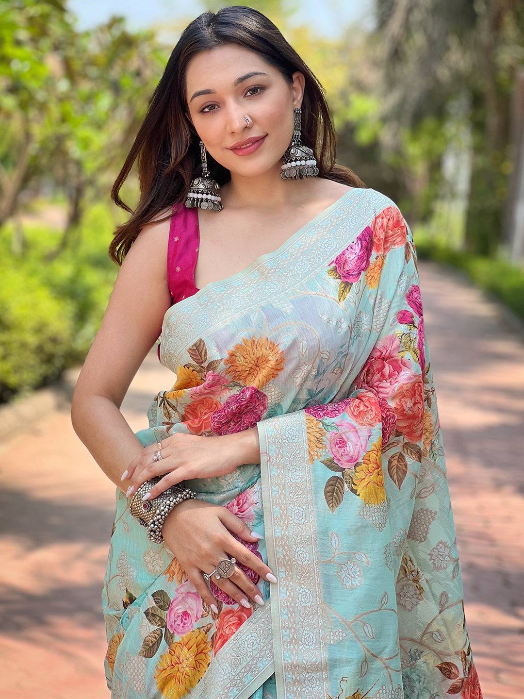 Light Green Lakhnavi Bandla Zari Weaving Saree with floral design