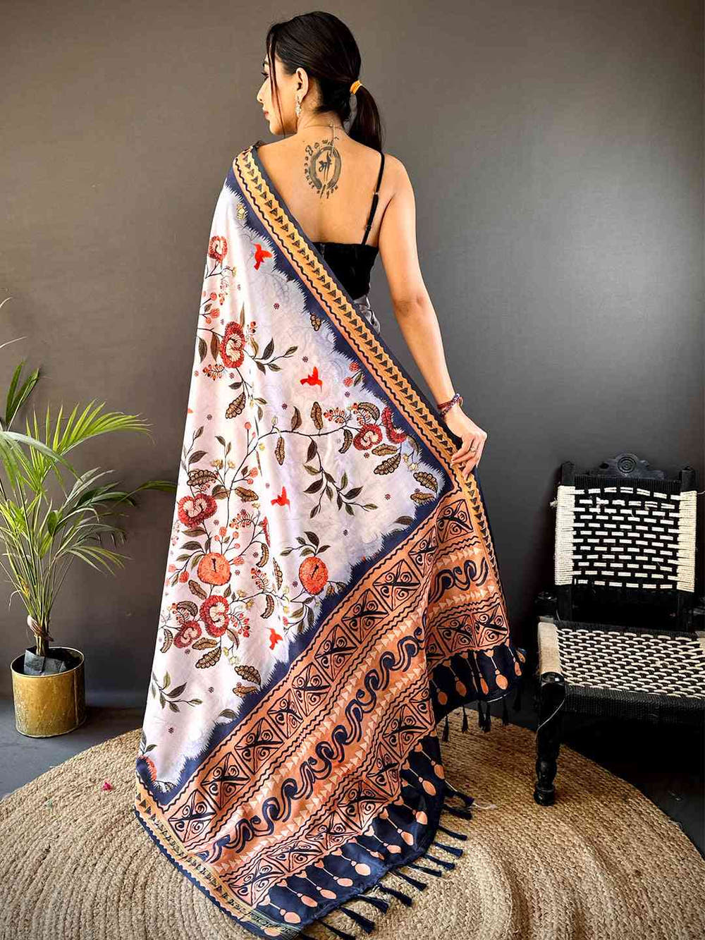  Off White Soft Silk Floral Saree Online in India