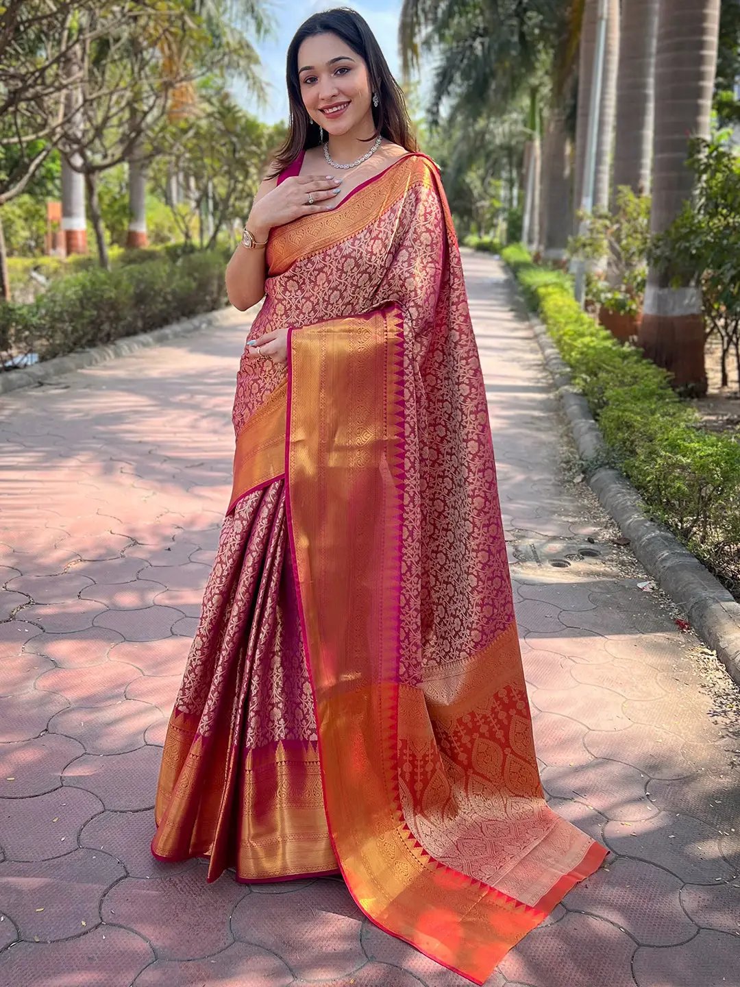 Stylish Pink Colour One Gram Gold Tissue Saree