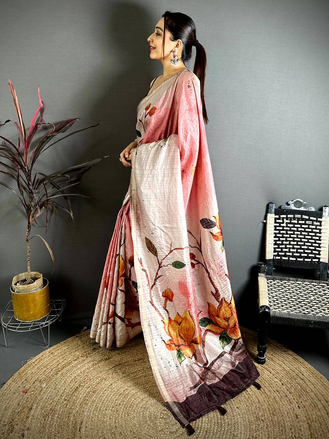 Pastel Pink Ghicha Tussar Floral Saree