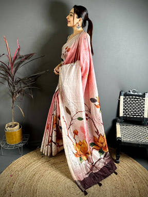 Pastel Pink Ghicha Tussar Floral Saree