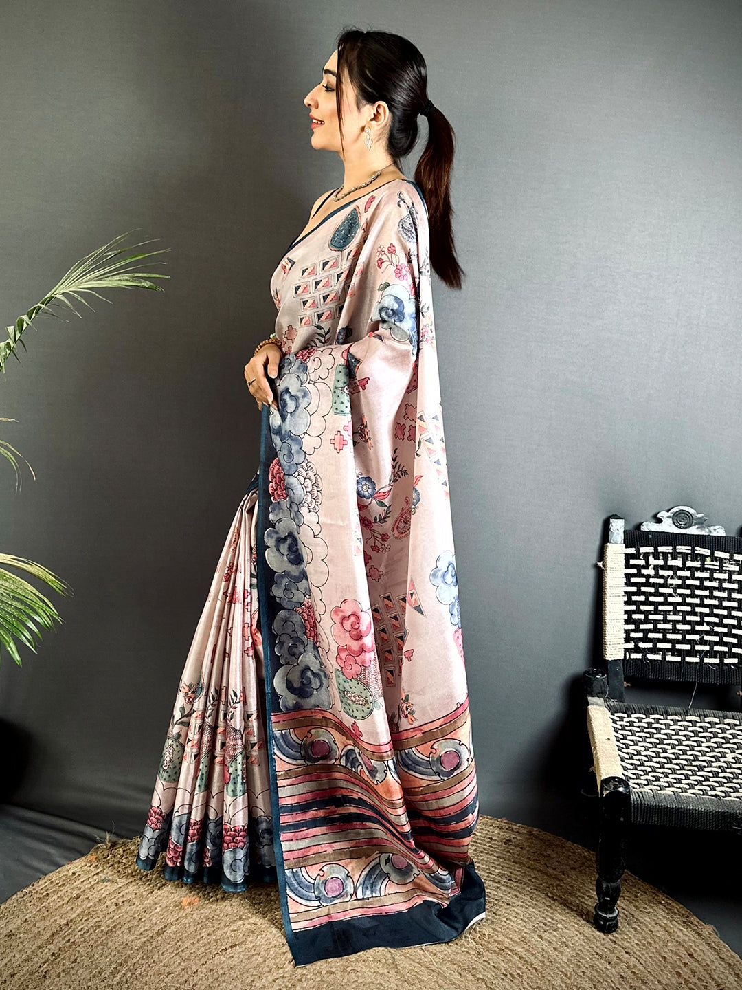 Traditional Floral Kalamkari Tussar Saree