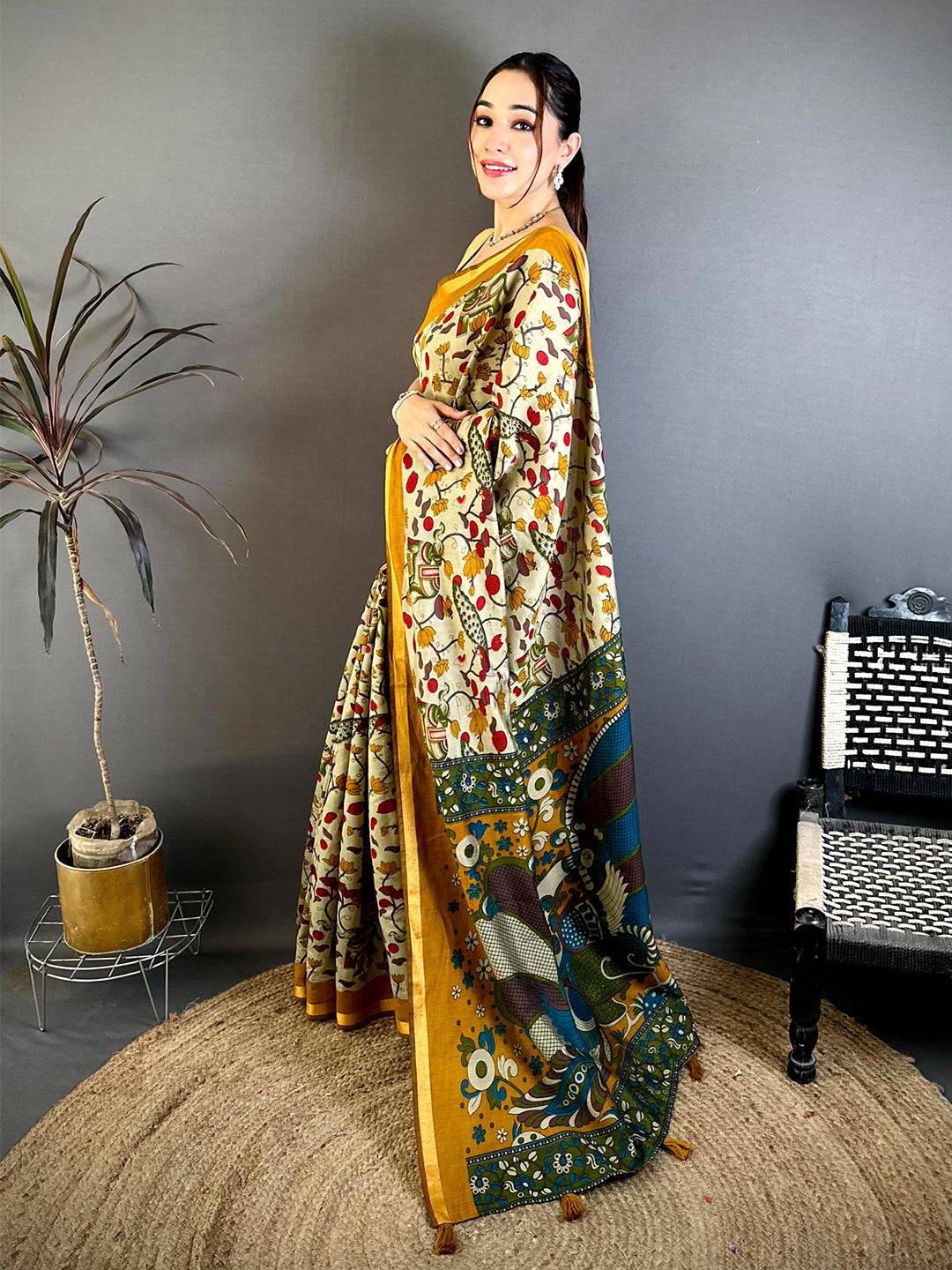 Heritage Mul Cotton Elephant Kalamkari Print Saree