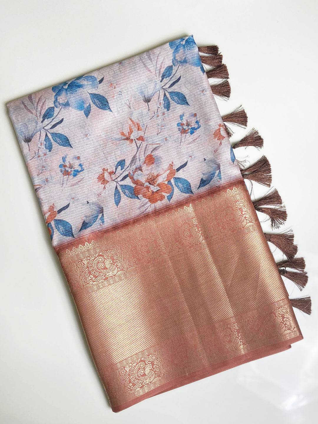 Folded Multi Kota Doriya saree with tassels and zari border