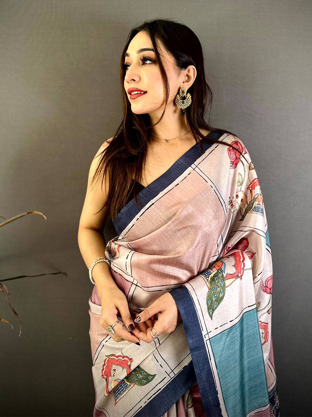 Celebrity Tussar Contrast Kalamkari Pallu Saree