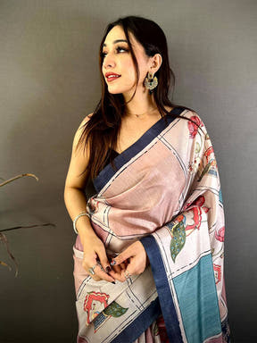 Celebrity Tussar Contrast Kalamkari Pallu Saree