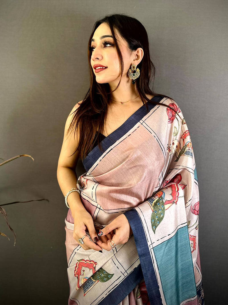 Celebrity Tussar Contrast Kalamkari Pallu Saree