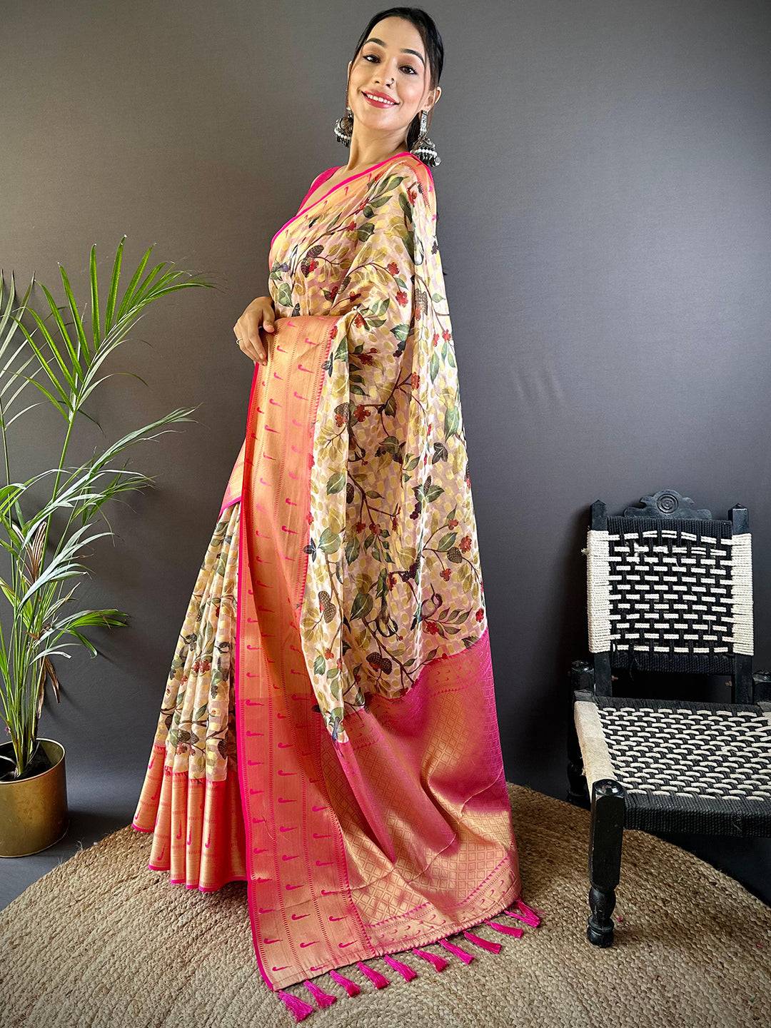 Pastel Cream Paithani Kora Silk Saree