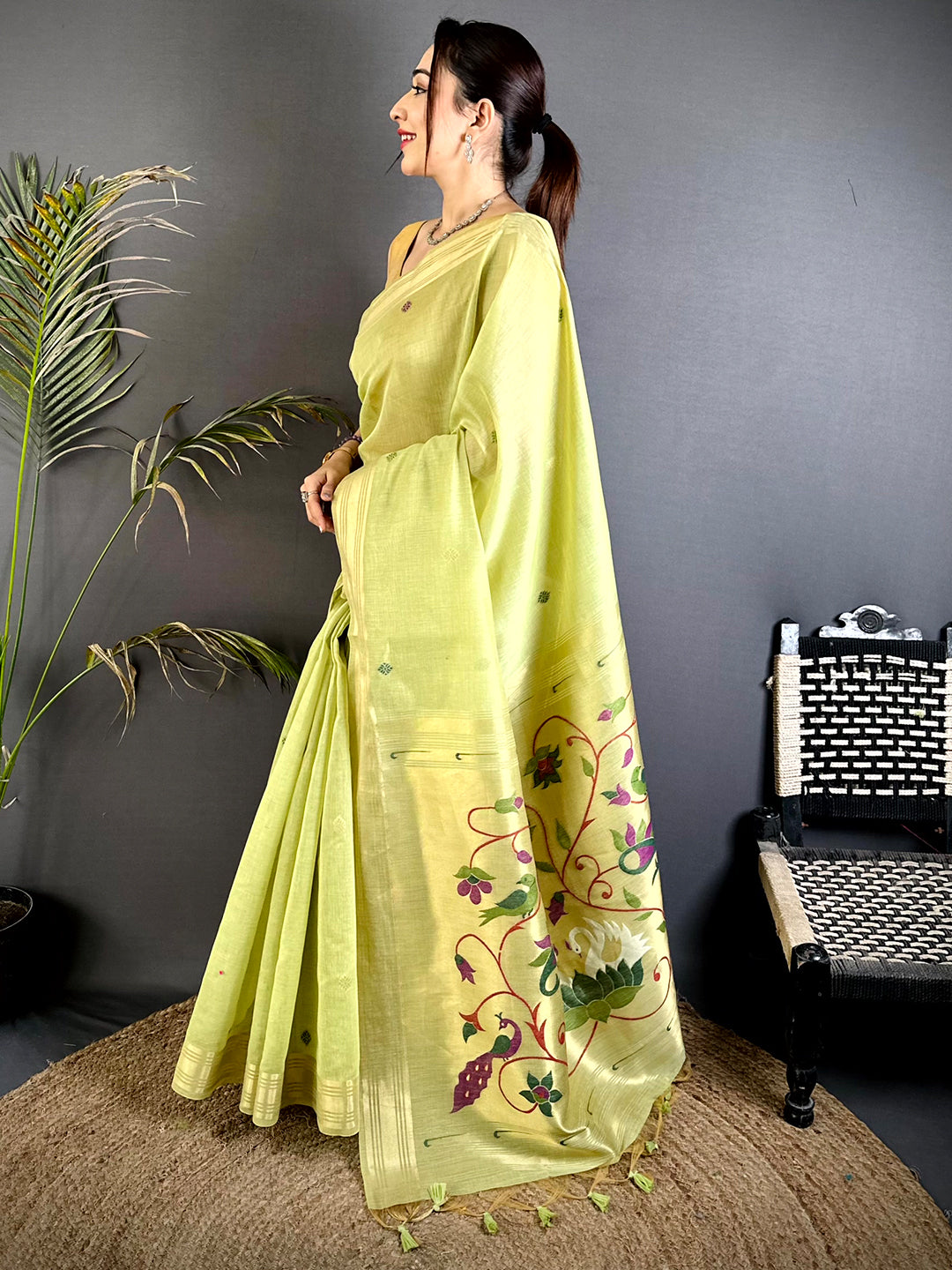 Lime Green Swan Minakari Linen Saree