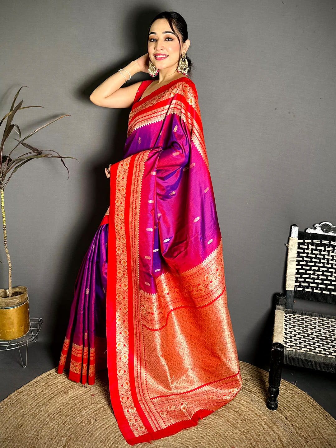 Gold Zari Woven Purple Soft Silk Saree