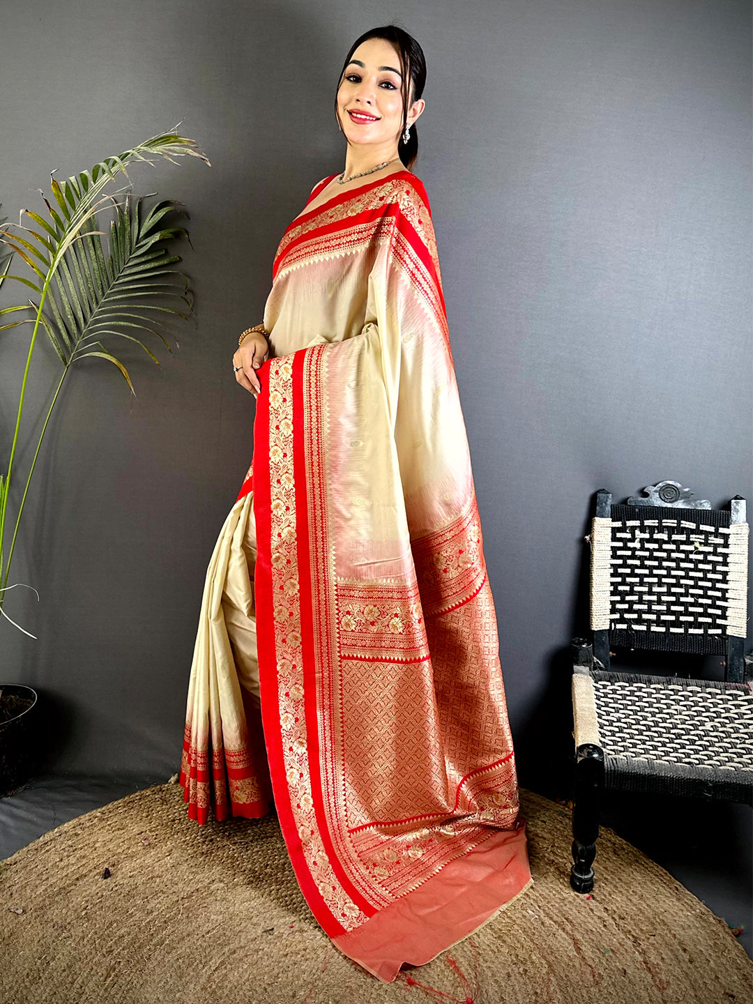 Gold Zari Woven Cream Soft Silk Saree