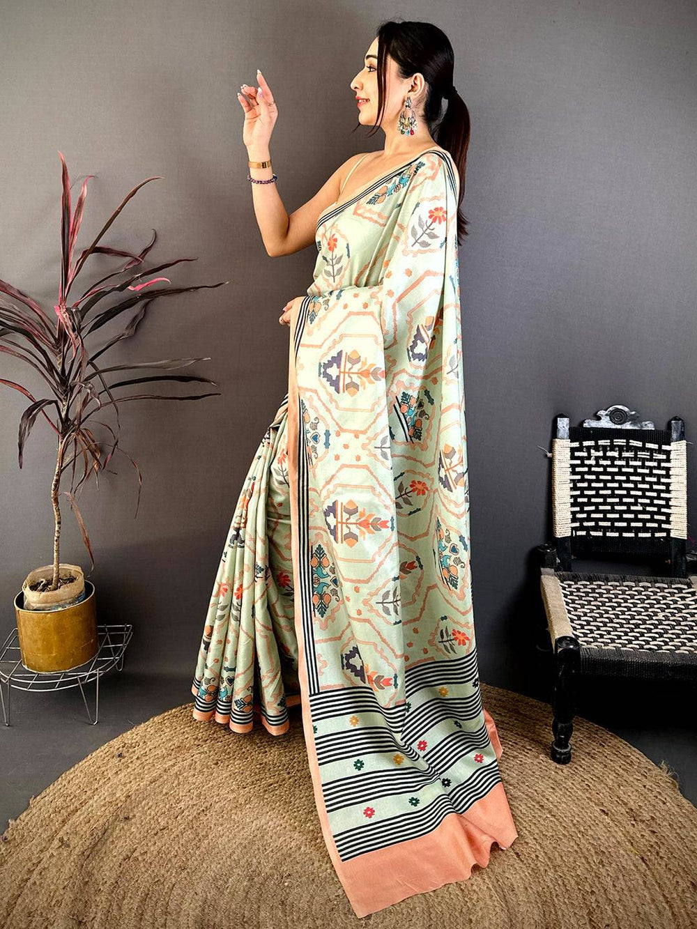 Royal Kalamkari Geometric Tussar Saree