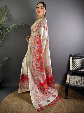 White Soft Silk Pashmina Kashmiri Print Saree