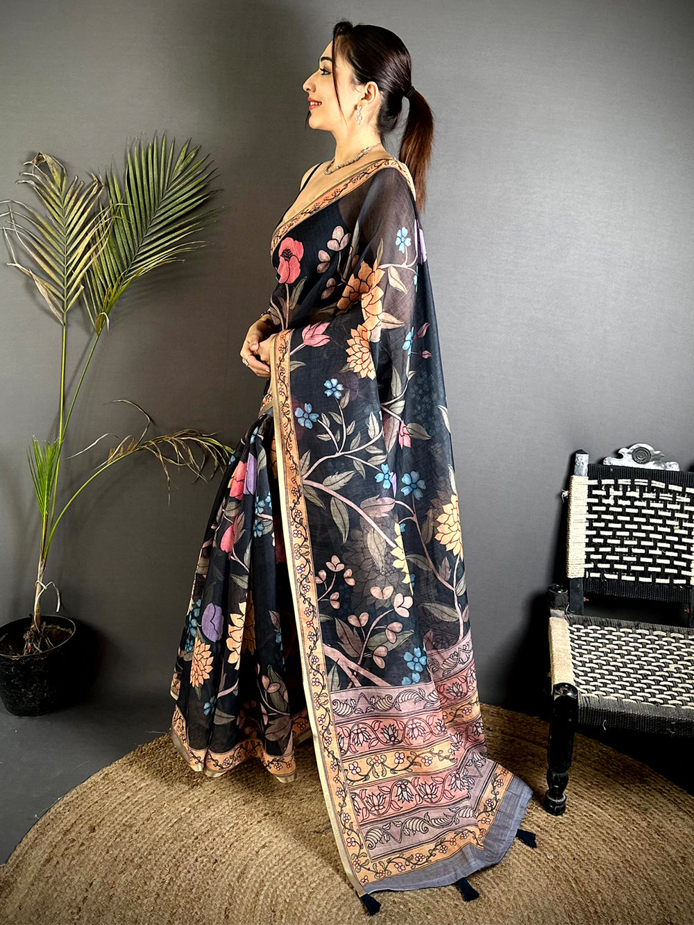 Black Floral Soft Linen Summer Saree