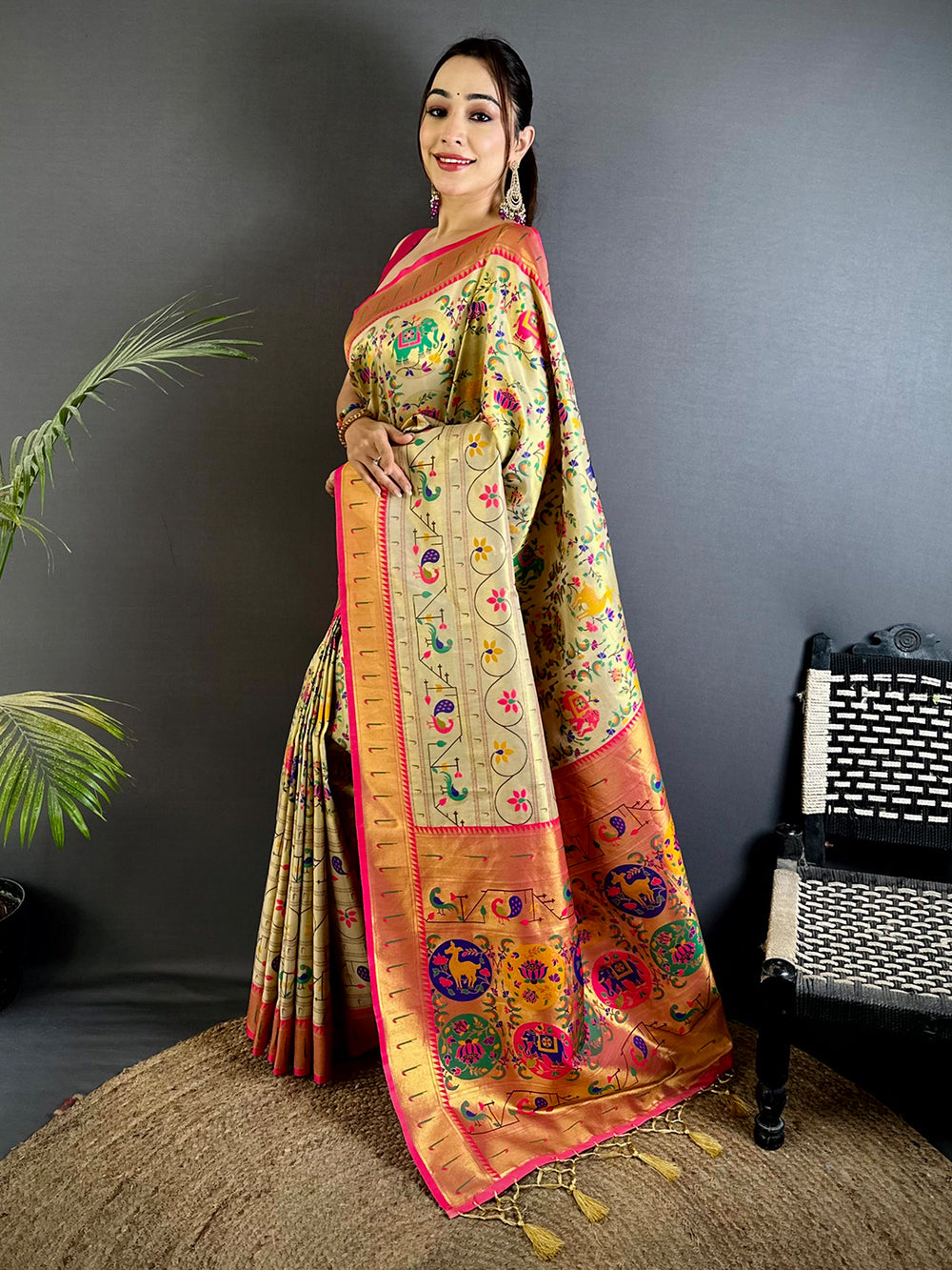 Cream Patola Motif Soft Silk Saree