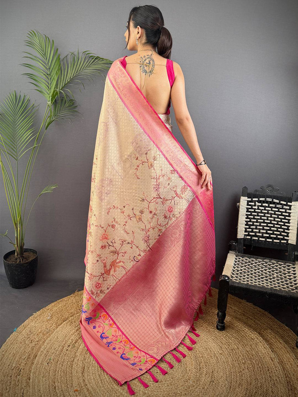 Ethereal Kora Muslin Floral Kalamkari Saree