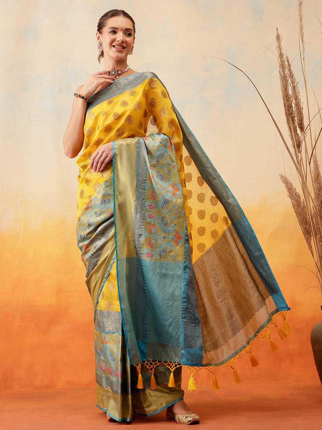 Vibrant Yellow Ethnic Motifs Banarasi Silk Saree