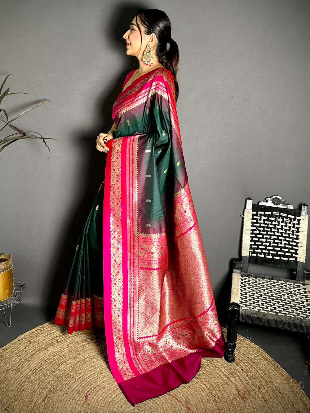 Gold Zari Woven Bottle Green Soft Silk Saree